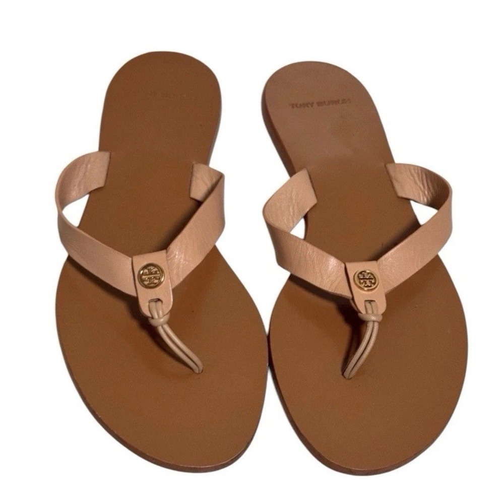 Tory Burch Manon Thong Sandal Vachetta Calf Leather Size 8.5 M Beige